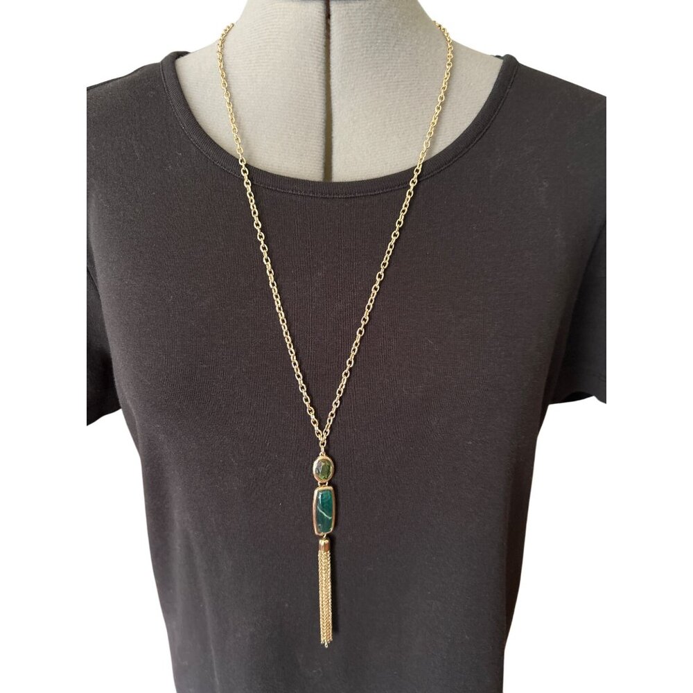 Gold-Tone Green Gemstone Tassel Pendant Necklace & Matching Drop Earrings Set
